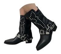 Extra Wide Calf Boots for Women plus Size Cowboy Thick Heel Retro Mid Long Tall with (4)