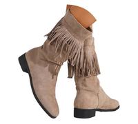 Extra Wide Calf Boots for Women plus Size Thick Heels Solid Western Denim Short Tall with Heel (Khaki-A, 6.5)