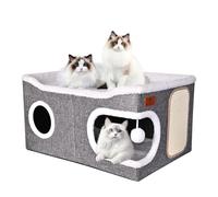 Extra-Wide Cat Beds for Indoor Cats, Large Cat Cave Bed with Scratch Pad and Fluffy Ball, Foldable Cat Hideaway with Reversible Cushion for Multi Small Pet Large Kitty, 60D x 43W x 32H cm, Grey