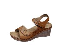Extra Wide Fit Wedges for Women Closed Toe Sandals Women's Summer Roman Fish Mouth Thick Bottom Side Buckle One Strap Slope Heel Open Toe Sandals Tan Wedge Sandal Leather for (Brown,5.5)