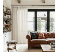 Extra Wide Pleated 96 Inch Long Linen Curtains 100 Inches Wide for Living Room Light Filtering Semi Sheer Pinch Pleat Greyish Beige Curtains for Ceiling Patio Glass Sliding Door 96 Inch Length 8FT