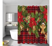 Extra Wide Shower Curtain 180X180Cm, Mistletoe Wreath Christmas Buffalo Plaid Anti Mould Washable Quick-Drying Fabric Waterproof Bath Curtains For Bathroom Wet Room With Hooks, Red And Black