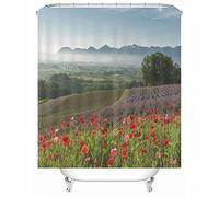 Extra Wide Shower Curtain Liner, Pretty House Shower Curtain Polyester Countryside Wild Mountain Flowers Curtain for Home 165X180cm Green