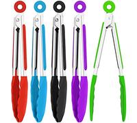 Extrapins Tongs, 5 Pieces 7 Inch Food-Tongs Set with Silicone Tips, Stainless Steel Cooking Tongs for Salad, Grilling, Frying and Cooking (Blue, Green, Red, Purple, Black)
