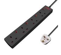 EXTRASTAR 4 Way Extension Lead Surge Protection, Individually Switched Extension Socket 13A UK Plug, 4 Gang Wall Mounted Extension Cable 3M Black