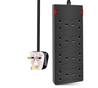 ExtraStar 8 Way Extension Lead 13A Fused Power Strips UK Plug with Indicator Light (1M, Black)