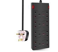 ExtraStar 8 Way Extension Lead 13A Fused Power Strips UK Plug with Indicator Light (2M, Black)