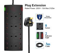 EXTRASTAR 8 Way Extension Leads with Surge Protection, 13A 3120W Approved British UK Wall Mounted Power Strips with 5 Metre Extension Cord, Black