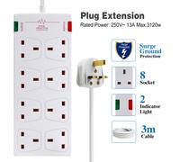 EXTRASTAR 8 Way Extension Leads with Surge Protection, 13A 3120W Approved British UK Wall Mounted Power Strips with 3 Metre Extension Cord