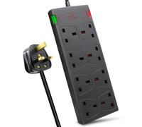 EXTRASTAR 8 Way Extension Leads with Surge Protection, 13A 3120W Approved British UK Wall Mounted Power Strips with 1 Metre Extension Cord, Black