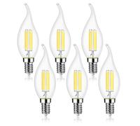 EXTRASTAR E14 LED Filament Flame Candle Bulbs 4W, 470LM 40W Equivalent, C35 SES Small Edison Screw Led Light Bulbs, Cool White 6500K Daylight, Non-dimmable, Pack of 6