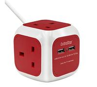ExtraStar Power Cube 4 Way Extended Lead with 2 USB Slots (5V/2.1A) Power Strip 1.5 Metre Cable Power Socket UK Plug for Home, Office, Travel and More - Red + White