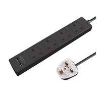 EXTRASTAR USB Extension Lead, 4 Plug Extension Socket 13A Fused, 4 Way Extension Cable 4.8M Black
