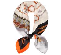 EXTREE Fashion Silky Satin Headscarf for Women Girls: Exquisite Pattern Lightweight Silk Graceful Scarfs 27.5 x 27.5 inches, Black and Orange Tassel, 1