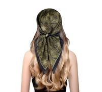 EXTREE Fashion Silky Satin Headscarf for Women Girls: Exquisite Pattern Lightweight Silk Graceful Scarfs 27.5 x 27.5 inches, Black Gold Army Green, 27.5 inches x 27.5 inches