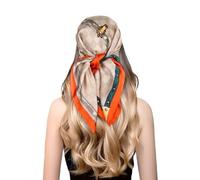 EXTREE Fashion Silky Satin Headscarf for Women Girls: Exquisite Pattern Lightweight Silk Graceful Scarfs 27.5 x 27.5 inches, Chessboard Leather Buckle Orange, 27.5 x 27.5 inches