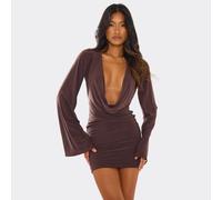 Extreme Cowl Flared Sleeve Mini Dress In Brown Slinky, Women's Size UK 12