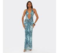 Extreme Cowl Neck Stud Detail Wrap Front Maxi Beach Dress In Blue Abstract Animal Print, Women's Size UK 10