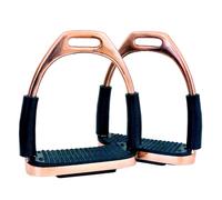 EXTREME GLOSS ROSE GOLD BENDY SAFETY FLEXI STIRRUPS HORSE RIDING S/STEEL WITH STRONG TREADS 4.75" 12cm NEW