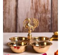 Extreme Karigari Brass Kankavati Haldi Kumkum Container | Traditional Brass Pooja Sindoor, Chawal & Kumkum Holder | Peacock Design 4 Bowl Pooja Accessory for Festivals, Gifting & Home Mandir (Small)