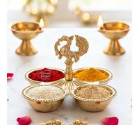 Extreme Karigari Brass Kankavati Haldi Kumkum Container | Traditional Brass Pooja Sindoor, Chawal & Kumkum Holder | Peacock Design 4 Bowl Pooja Accessory for Festivals, Gifting & Home Mandir (Small)