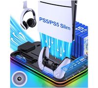 EXTREMECOOL PS5 Stand with 4 Level Cooling Fan and RGB LED, Fast Dual Controller Charging Station for Digital/Disc, Accessories Included 6 Games Storage, Headphone Stand, Dust