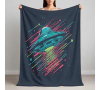 Extremely Soft & Cozy Flannel Throw 130 x 150 cm - A Sweet Gift for FUR Lovers, Comic Style Ufo Alien Blanket Machine Washable, Fleece Teal Blue Blankets for Sofa Bed and Couch