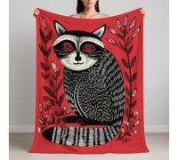 Extremely Soft & Cozy Flannel Throw 150 x 200 cm - A Sweet Gift for FUR Lovers, Printmaking Style Raccoon Thriller Blanket Machine Washable, Fleece Crimson Red Blankets for Sofa Bed and Couch