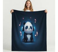 Extremely Soft & Cozy Flannel Throw 200 x 240 cm - A Sweet Gift for FUR Lovers, Cartoon Cute Panda Headphones Blanket Machine Washable, Fleece Classic Blue Blankets for Sofa Bed and Couch