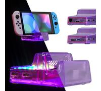 eXtremeRate AiryDocky DIY Kit LED Version Replacement Shell Compatible with Nintendo Switch Dock, Clear Atomic Purple Redesigned IR Remote Control 7 Color 50 Effects RGB LED Kit for Switch OLED Dock