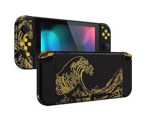 eXtremeRate Back Plate for Nintendo Switch Console, NS Joycon Handheld Controller Housing Shells with Full Set Buttons, DIY Shell for Nintendo Switch - The Great GOLDEN Wave Off Kanagawa - Black