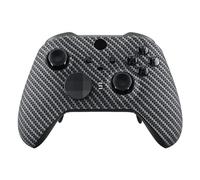 eXtremeRate Black Silver Carbon Fiber Patterned Faceplate Cover, Soft Touch Front Housing Shell Replacement Kit for Xbox One Elite Series 2 Controller Model 1797 - Thumbstick Accent Rings Included