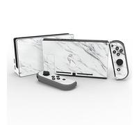 eXtremeRate Full Set Faceplate Skin Decals Stickers and 2 Pcs Screen Protector for Nintendo Switch/for NS Console & joy con Controller & Dock Protection Kit - Modern White Marble
