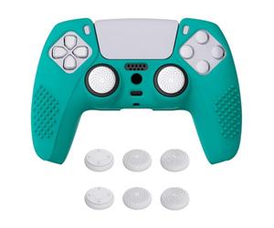 eXtremeRate PlayVital Aqua Green 3D Studded Edition Anti-slip Silicone Cover Skin for ps5 Controller, Soft Rubber Case for ps5 Wireless Controller with 6 White Thumb Grip Caps