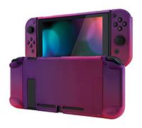 eXtremeRate PlayVital Back Cover for Nintendo Switch Console, Handheld Controller Protector Hard Shell for Joycon, Dockable Protective Case with Button Caps Sticker - Clear Atomic Purple Rose Red