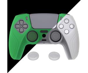 eXtremeRate PlayVital Samurai Edition Anti-Slip Controller Silicone Skin for ps5, Ergonomic Rubber Protective Case for ps5 Controller with Thumb Stick Caps - Glow in Dark Green