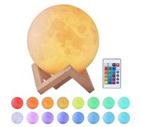 EXTSUD Full Moon Lamp, LED Lunar Night Light with Remote Control, Dimmable Brightness, 16 Colors, 4 Light Modes, USB Rechargeable Table Lamp Moonlight with Wooden Holder (15 CM)