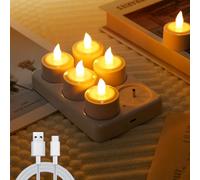 EXTSUD Led Tea Light 6pcs Rechargeable Tea Lights with Charging Base, Electric LED Tealights Flameless Candles Battery Tea Lights Flickering for Christmas Wedding Halloween Party Home Decorations
