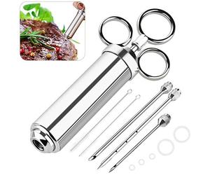 EXTSUD Meat Injector Syringe, Stainless Steel Marinade Flavor Injector Kit with 3 Needles and 2 Needles Cleaner Best for BBQ, Grilling, Baking and Cooking