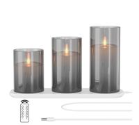 EXTSUD Set of 3 Rechargeable LED Glass Candles with Charging Station and Remote Control - Flickering Flameless Decorative Candles for Parties, Birthdays, Weddings, Table Decoration
