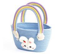 Exun Bunny Basket for Kids, Cute Cotton Tote Bag Hand-Woven Handbag with Rainbow Handles, Easter Egg Hunt Basket Bags for Boys, Girls, Toddler, Babies, Easter gift basket Personalized (Blue)