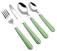 EXZACT 24pcs Stainless Steel Cutlery Gingham Handles for 6 People Green