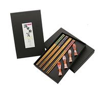 EXZACT Chopsticks Gift Set 4 Pairs Reusable Natural Bamboo with 4 pcs Wooden Chopstick Rests - in a Beautiful Black Handmade Box - Decorated Japanese Style