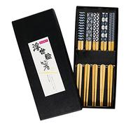 Exzact Chopsticks Gift Set - 5 Pairs of Reusable Natural Bamboo Chopsticks in a Beautiful Black Handmade Box - Decorated Japanese Ancient Blue Ornamentation (Blue and White)