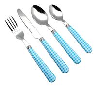 EXZACT Cutlery Set 24pcs Stainless Steel with Gingham Check Coloured Handles - 6 x Forks, 6 x Dinner Knives, 6 x Table Spoons, 6 x Tea Spoons (Blue x 24 pcs)