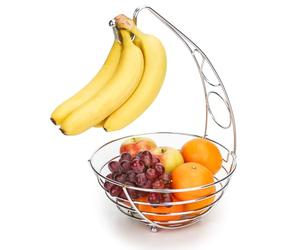 EXZACT Fruit Basket with Banana Hook. 41cm Tall, Wired Fruit Rack,Banana Stand Hanger- Silvery Chrome
