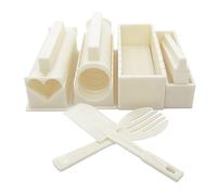 EXZACT Sushi Maker Kit 10pcs, Rice Roll Mould Set 5 Unique Shapes: Heart, Round, Pyramid, Square, Japanese Cuisine at Home, Cream White