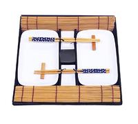 EXZACT Sushi Plate Set 10pcs - 2 x Sushi Plates, 2 x Dip Bowls, 2 x Bamboo Placemats, 2 x Bamboo Chopsticks Rests, 2 Pairs of Chopsticks - Highquality Porcelain -Gift Box