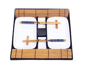 EXZACT Sushi Plate Set 10pcs - 2 x Sushi Plates, 2 x Dip Bowls, 2 x Bamboo Placemats, 2 x Bamboo Chopsticks Rests, 2 Pairs of Chopsticks - Highquality Porcelain -Gift Box