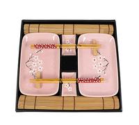 EXZACT Sushi Plate Set 10pcs - 2 x Sushi Plates, 2 x Dip Bowls, 2 x Placemats, 2 x Chopsticks Rests, 2 Pairs of Chopsticks - Highquality Porcelain - Gift Box - Pink